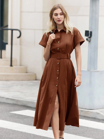 BizChic Mid-Length Dress, Shirt Collar, Front Opening, Single-Breasted Buttons, Self-Fabric Adjustable Waist Belt, Short Sleeve, Elegant Minimalist Casual, Vacation, Party, Date, Wedding Guest, Indepe