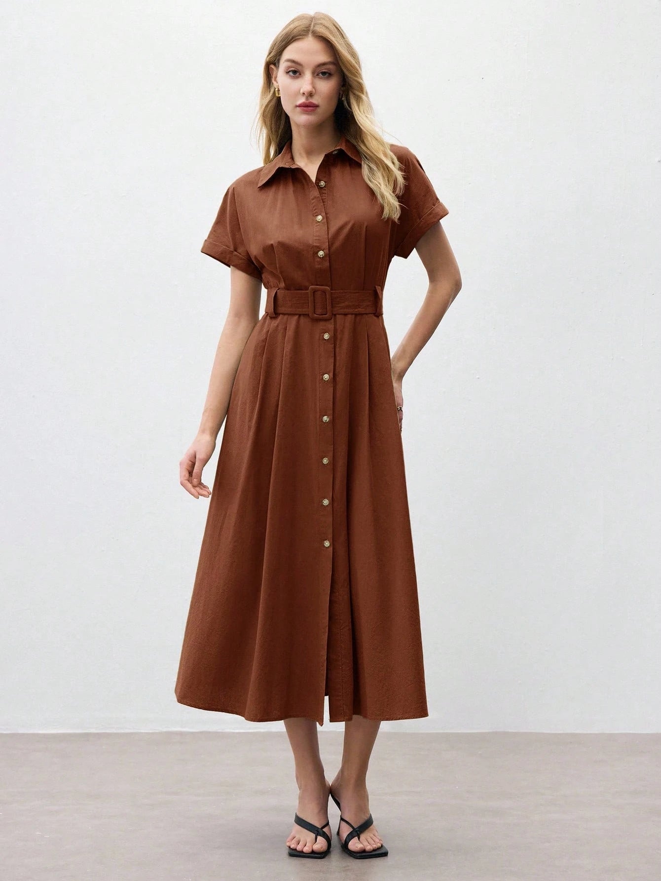 BizChic Mid-Length Dress, Shirt Collar, Front Opening, Single-Breasted Buttons, Self-Fabric Adjustable Waist Belt, Short Sleeve, Elegant Minimalist Casual, Vacation, Party, Date, Wedding Guest, Indepe
