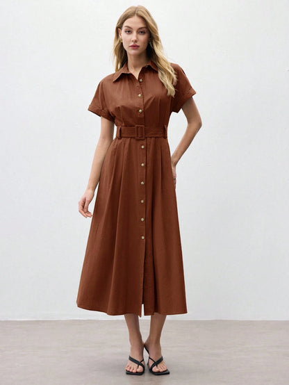 BizChic Mid-Length Dress, Shirt Collar, Front Opening, Single-Breasted Buttons, Self-Fabric Adjustable Waist Belt, Short Sleeve, Elegant Minimalist Casual, Vacation, Party, Date, Wedding Guest, Indepe