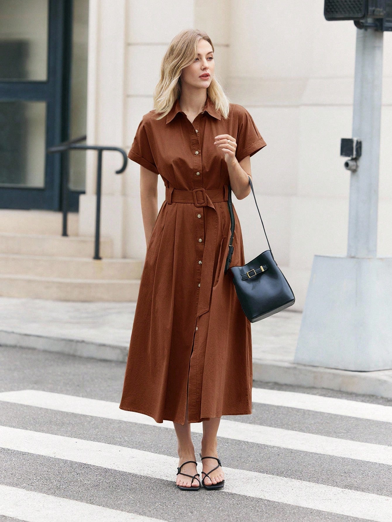 BizChic Mid-Length Dress, Shirt Collar, Front Opening, Single-Breasted Buttons, Self-Fabric Adjustable Waist Belt, Short Sleeve, Elegant Minimalist Casual, Vacation, Party, Date, Wedding Guest, Indepe