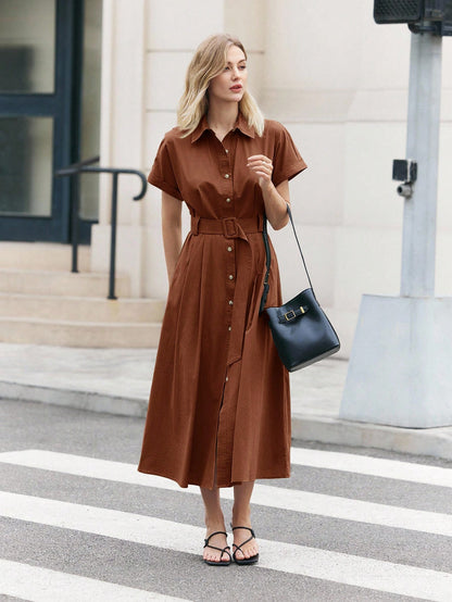 BizChic Mid-Length Dress, Shirt Collar, Front Opening, Single-Breasted Buttons, Self-Fabric Adjustable Waist Belt, Short Sleeve, Elegant Minimalist Casual, Vacation, Party, Date, Wedding Guest, Indepe