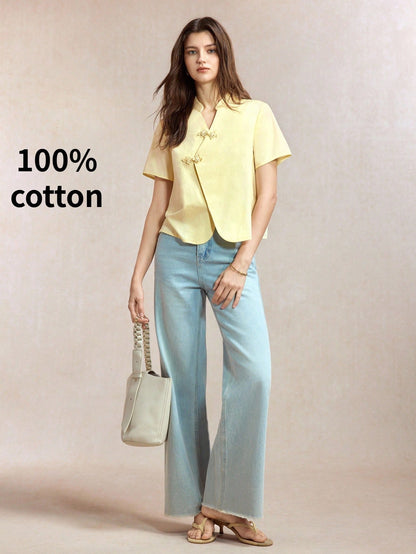 BizChic Yellow Short Sleeve Slim Fit Waist Shirt, Business Formal, Vacation Style, Casual, Commute, Date, Holiday, Halloween, Back To School, Party, Birthday, Office, Slimming, Elegant, Versatile, Sum