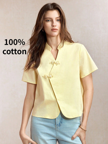BizChic Yellow Short Sleeve Slim Fit Waist Shirt, Business Formal, Vacation Style, Casual, Commute, Date, Holiday, Halloween, Back To School, Party, Birthday, Office, Slimming, Elegant, Versatile, Sum