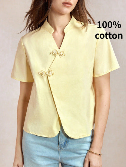 BizChic Yellow Short Sleeve Slim Fit Waist Shirt, Business Formal, Vacation Style, Casual, Commute, Date, Holiday, Halloween, Back To School, Party, Birthday, Office, Slimming, Elegant, Versatile, Sum