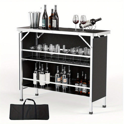 Black Aluminum Alloy Outdoor Folding Bar Table, Rectangular With Railing And Fabric, 110.5*38*88cm, 30kg, Camping Bar Table.