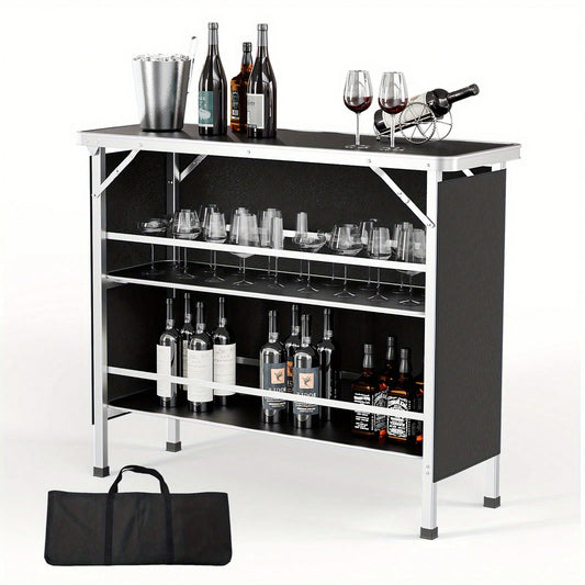 Black Aluminum Alloy Outdoor Folding Bar Table, Rectangular With Railing And Fabric, 110.5*38*88cm, 30kg, Camping Bar Table.