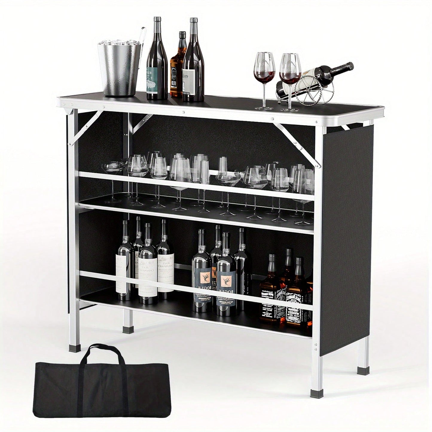 Black Aluminum Alloy Outdoor Folding Bar Table, Rectangular With Railing And Fabric, 110.5*38*88cm, 30kg, Camping Bar Table.