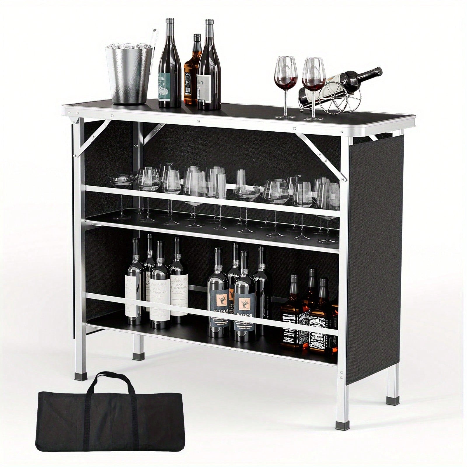 Black Aluminum Alloy Outdoor Folding Bar Table, Rectangular With Railing And Fabric, 110.5*38*88cm, 30kg, Camping Bar Table.