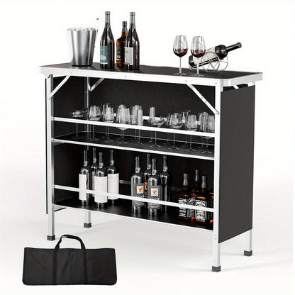 Black Aluminum Alloy Outdoor Folding Bar Table, Rectangular With Railing And Fabric, 110.5*38*88cm, 30kg, Camping Bar Table.