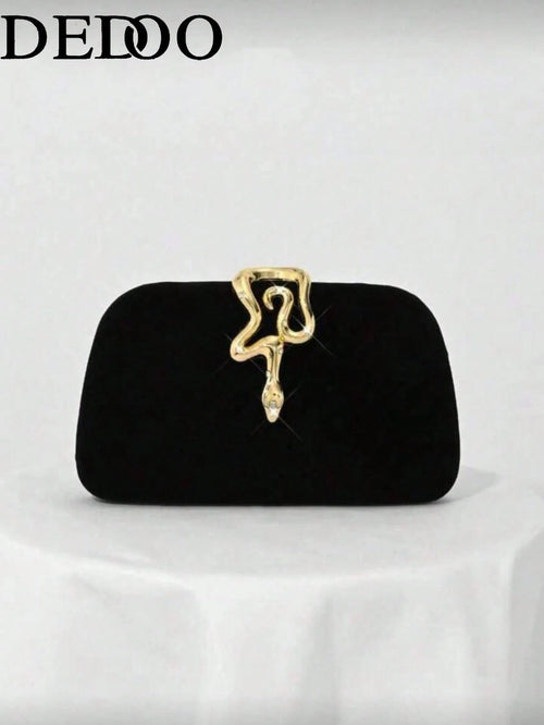 Black Evening Clutch, Rounded Rectangular Hard Frame Bag,Rhinestone Gold Snake Lock, Women Stylish Handbag For Wedding & Evening Banquet Events