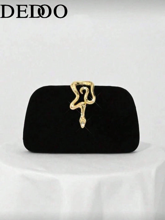 Black Evening Clutch, Rounded Rectangular Hard Frame Bag,Rhinestone Gold Snake Lock, Women Stylish Handbag For Wedding & Evening Banquet Events
