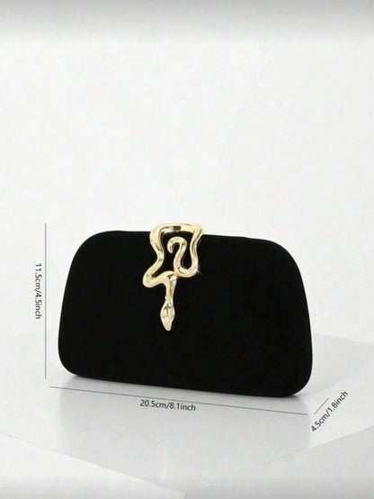 Black Evening Clutch, Rounded Rectangular Hard Frame Bag,Rhinestone Gold Snake Lock, Women Stylish Handbag For Wedding & Evening Banquet Events