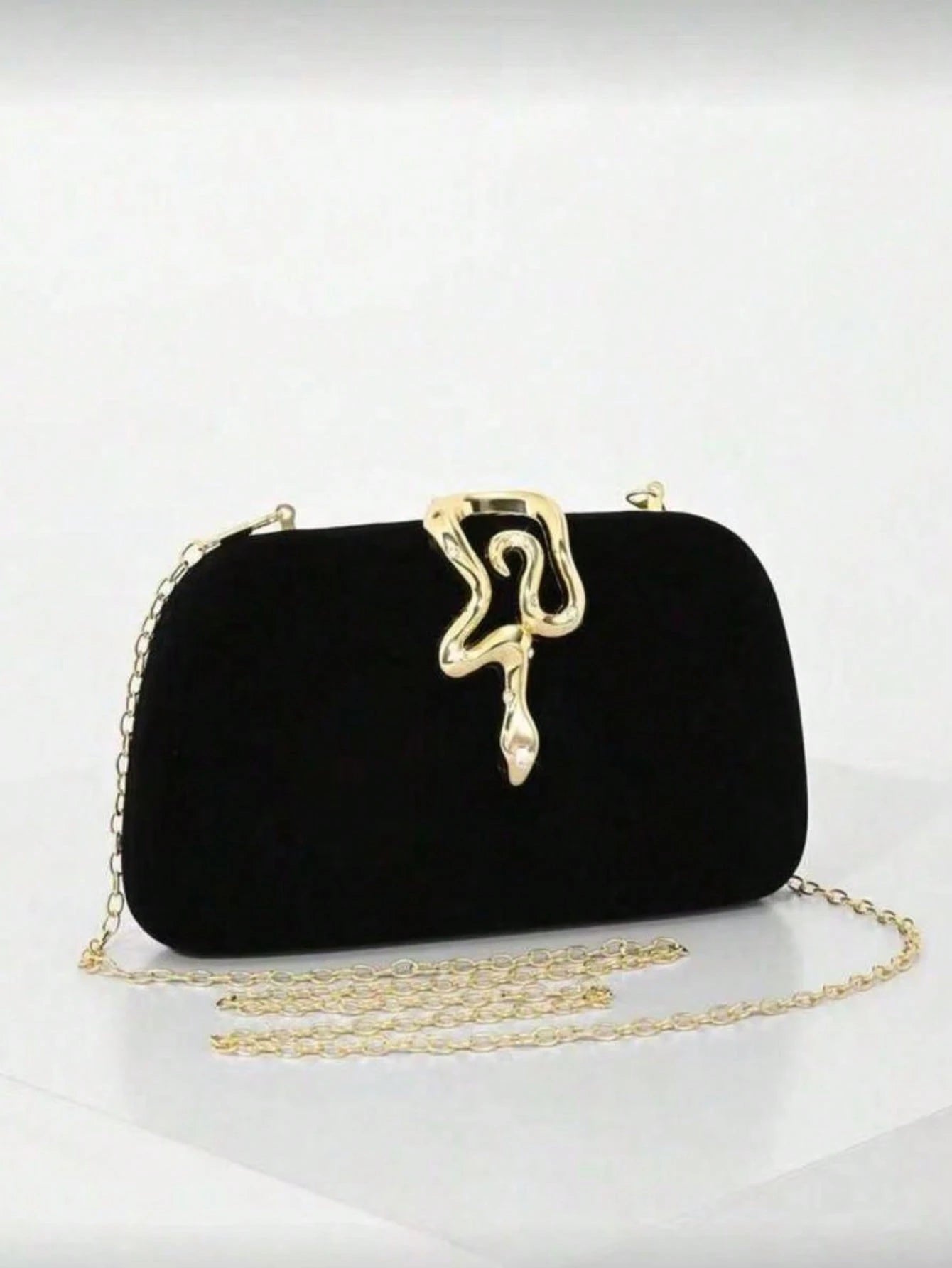 Black Evening Clutch, Rounded Rectangular Hard Frame Bag,Rhinestone Gold Snake Lock, Women Stylish Handbag For Wedding & Evening Banquet Events