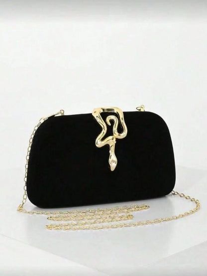 Black Evening Clutch, Rounded Rectangular Hard Frame Bag,Rhinestone Gold Snake Lock, Women Stylish Handbag For Wedding & Evening Banquet Events