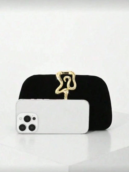 Black Evening Clutch, Rounded Rectangular Hard Frame Bag,Rhinestone Gold Snake Lock, Women Stylish Handbag For Wedding & Evening Banquet Events