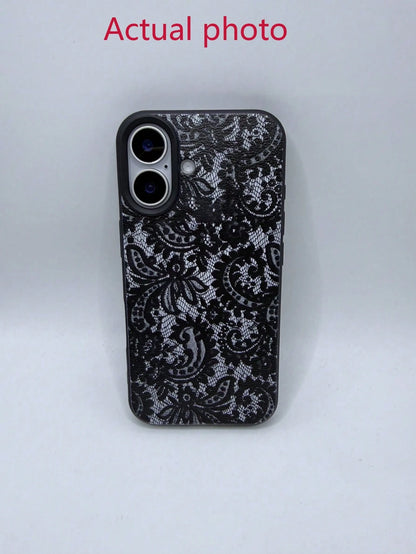 Black Lace Fashion TPU 1pc Black Lace Flower Textured Matte Anti-Fall TPU Fashionable Phone Protective Case Compatible With IPhone 16, 15, 14, 13, 12, 11, 17 Pro Max Anniversary Gift