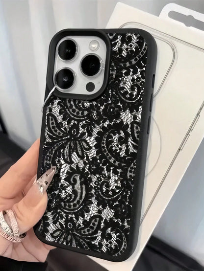 Black Lace Fashion TPU 1pc Black Lace Flower Textured Matte Anti-Fall TPU Fashionable Phone Protective Case Compatible With IPhone 16, 15, 14, 13, 12, 11, 17 Pro Max Anniversary Gift