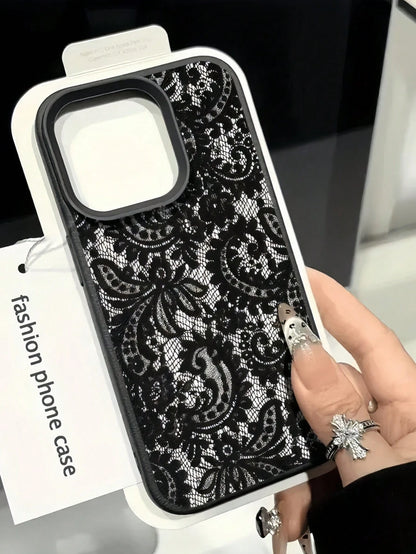 Black Lace Fashion TPU 1pc Black Lace Flower Textured Matte Anti-Fall TPU Fashionable Phone Protective Case Compatible With IPhone 16, 15, 14, 13, 12, 11, 17 Pro Max Anniversary Gift
