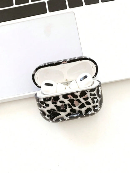 Black Leopard Print Bluetooth Earphone Case Cheetah Print Apple Transparent PC Water Transfer Glossy Black & Silver Leopard Print Headphone Protective Case Birthday