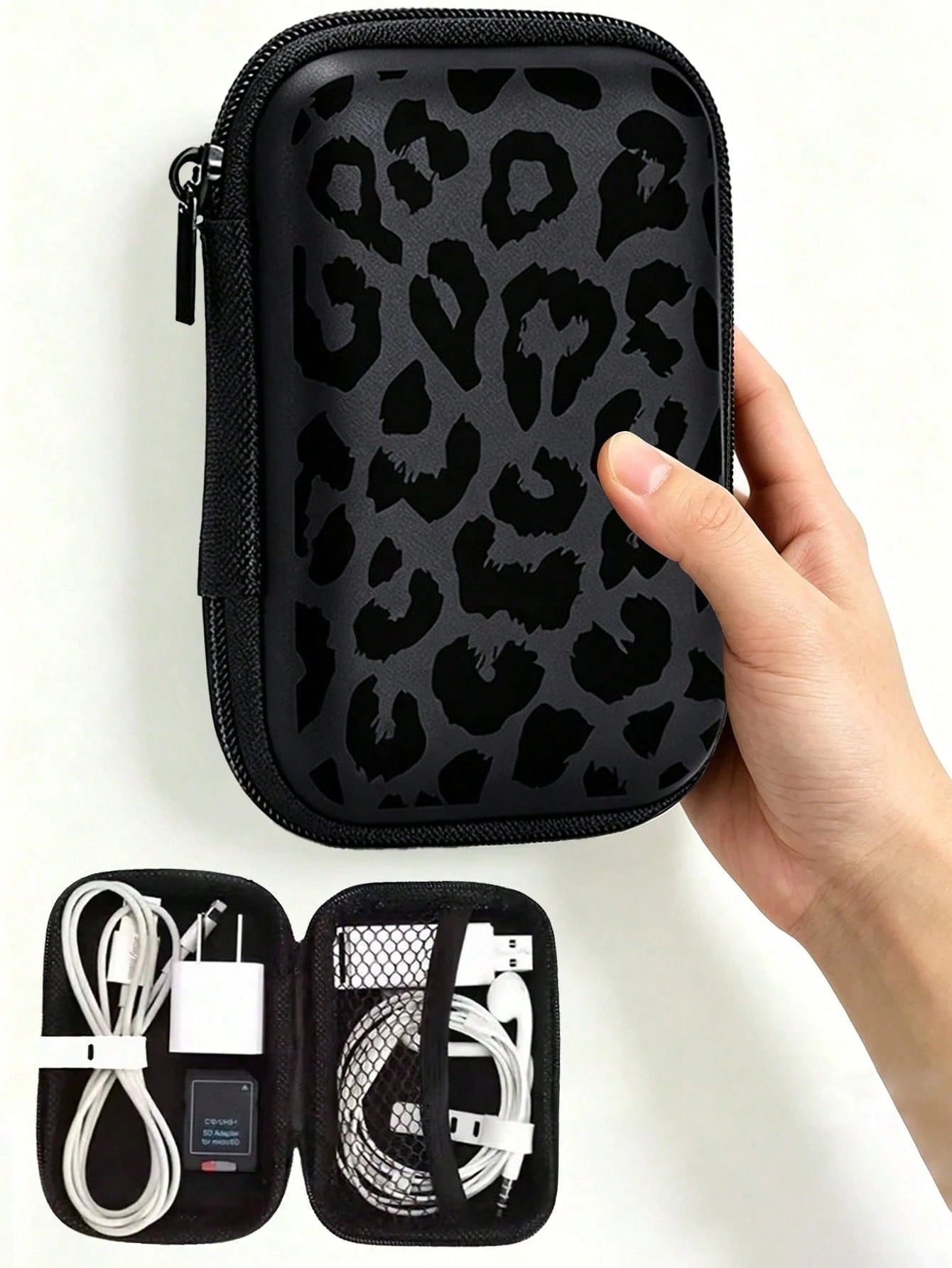 Black Leopard Print EVA Hard Shell 4.3-Inch Compact Storage Box- Travel Protective Storage Bag, Suitable For Electronic Accessories, Earphones, Hard Drives And Data Cables; Anti-Drop Zipper Pouch (St