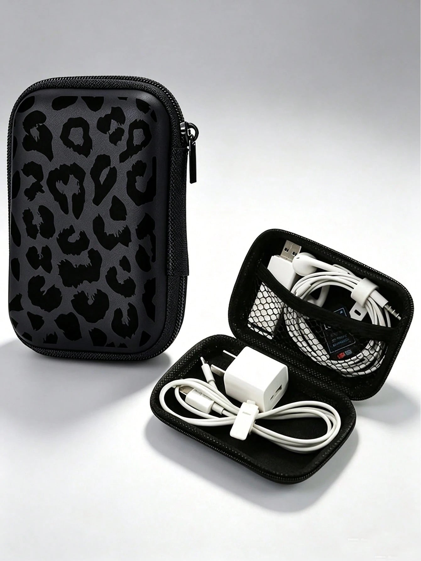 Black Leopard Print EVA Hard Shell 4.3-Inch Compact Storage Box- Travel Protective Storage Bag, Suitable For Electronic Accessories, Earphones, Hard Drives And Data Cables; Anti-Drop Zipper Pouch (St