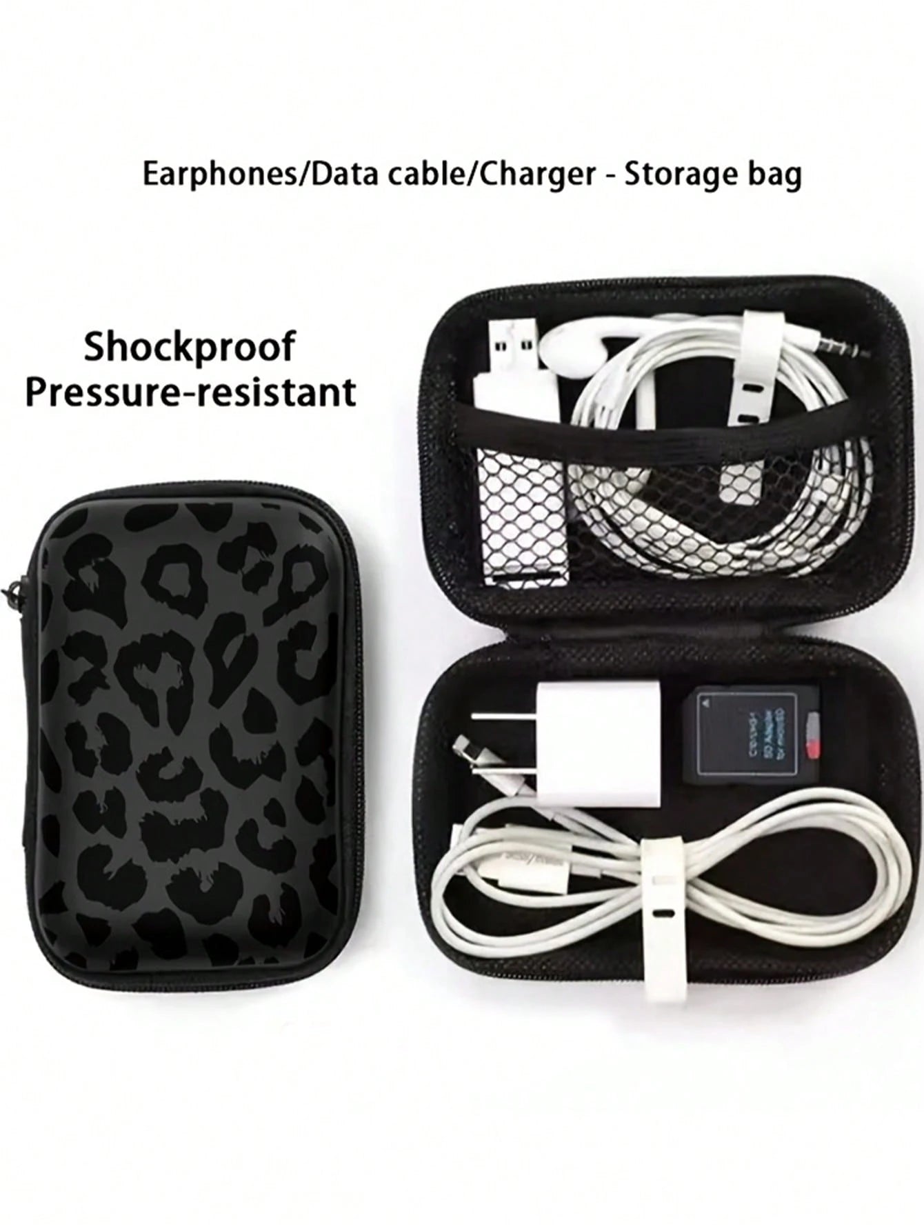 Black Leopard Print EVA Hard Shell 4.3-Inch Compact Storage Box- Travel Protective Storage Bag, Suitable For Electronic Accessories, Earphones, Hard Drives And Data Cables; Anti-Drop Zipper Pouch (St