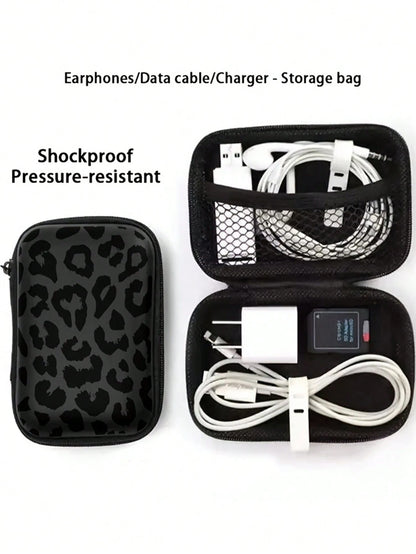 Black Leopard Print EVA Hard Shell 4.3-Inch Compact Storage Box- Travel Protective Storage Bag, Suitable For Electronic Accessories, Earphones, Hard Drives And Data Cables; Anti-Drop Zipper Pouch (St