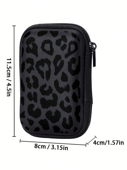 Black Leopard Print EVA Hard Shell 4.3-Inch Compact Storage Box- Travel Protective Storage Bag, Suitable For Electronic Accessories, Earphones, Hard Drives And Data Cables; Anti-Drop Zipper Pouch (St