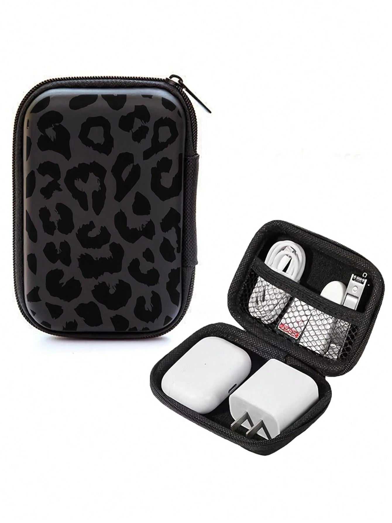 Black Leopard Print EVA Hard Shell 4.3-Inch Compact Storage Box- Travel Protective Storage Bag, Suitable For Electronic Accessories, Earphones, Hard Drives And Data Cables; Anti-Drop Zipper Pouch (St