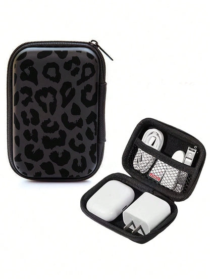 Black Leopard Print EVA Hard Shell 4.3-Inch Compact Storage Box- Travel Protective Storage Bag, Suitable For Electronic Accessories, Earphones, Hard Drives And Data Cables; Anti-Drop Zipper Pouch (St