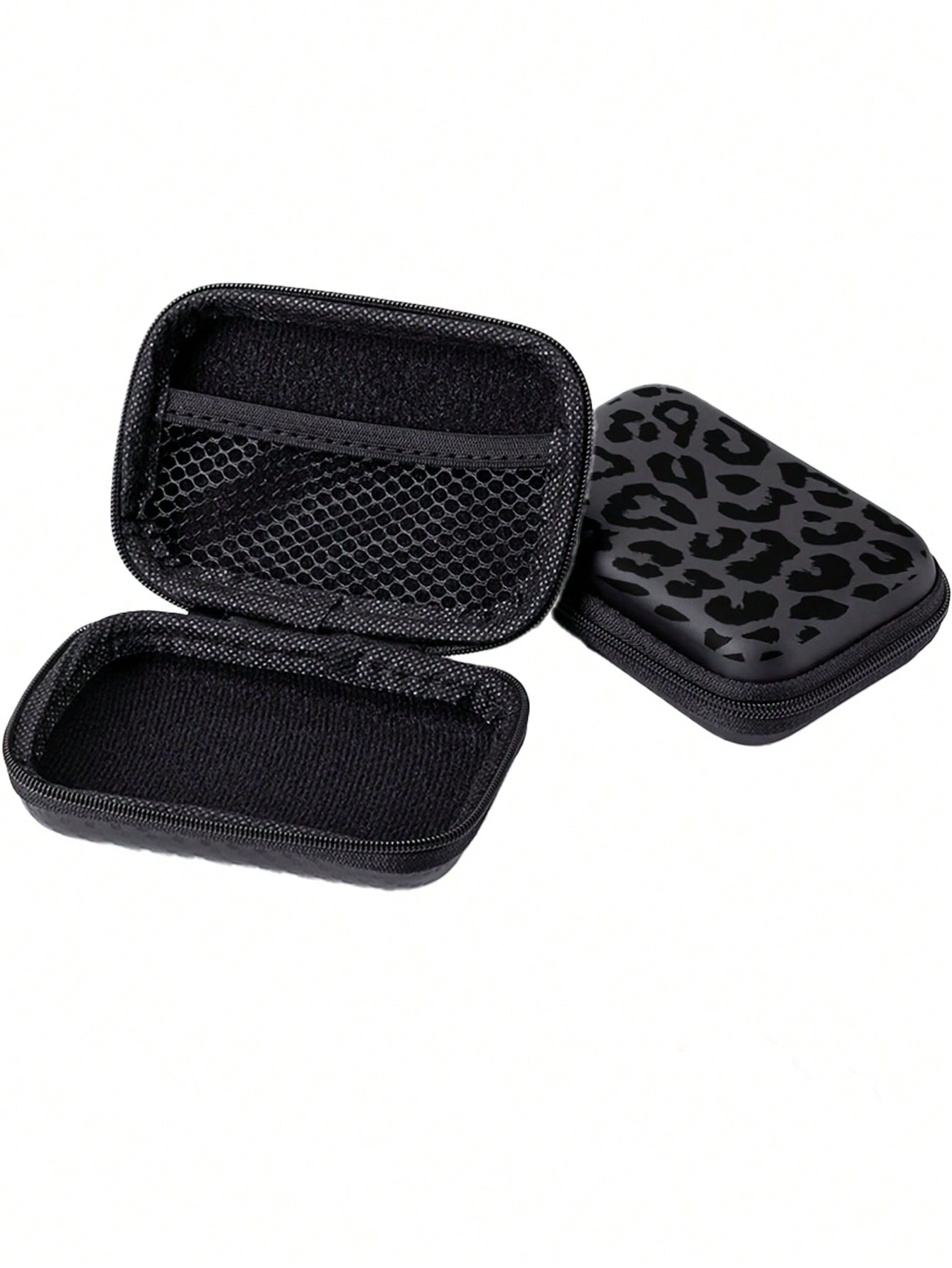 Black Leopard Print EVA Hard Shell 4.3-Inch Compact Storage Box- Travel Protective Storage Bag, Suitable For Electronic Accessories, Earphones, Hard Drives And Data Cables; Anti-Drop Zipper Pouch (St