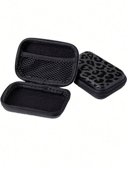 Black Leopard Print EVA Hard Shell 4.3-Inch Compact Storage Box- Travel Protective Storage Bag, Suitable For Electronic Accessories, Earphones, Hard Drives And Data Cables; Anti-Drop Zipper Pouch (St