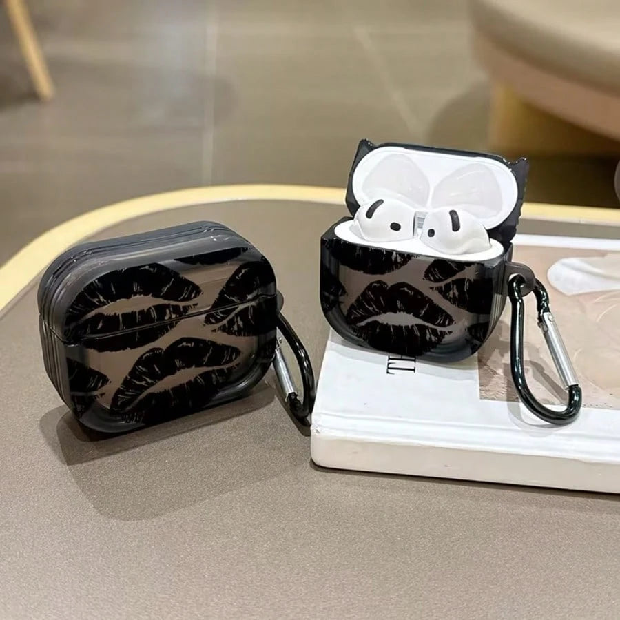 Black Lip Pattern Lips Sexy Black Lip Design Protective Case Compatible With Apple, Transparent Black Earphone Protective Cover, Anti-Drop Earphone Case, Only Compatible With Apple Bluetooth Earphone