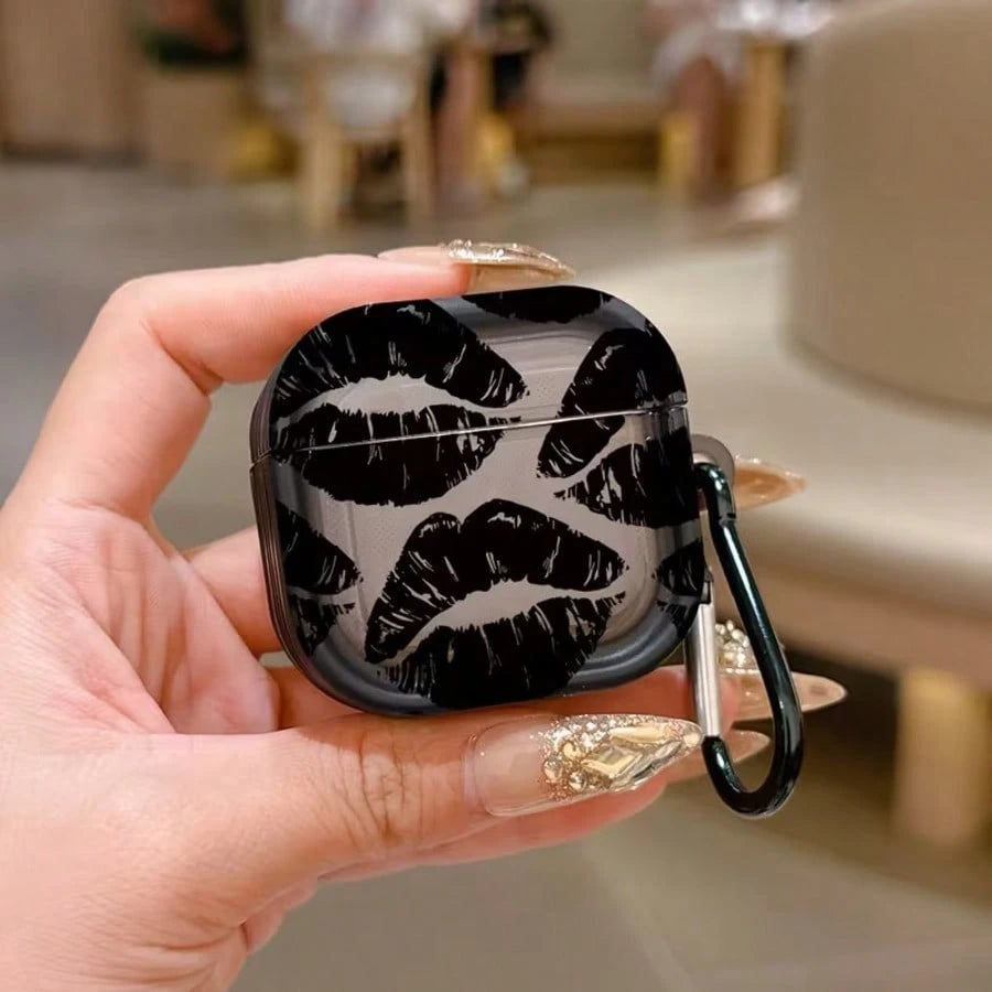 Black Lip Pattern Lips Sexy Black Lip Design Protective Case Compatible With Apple, Transparent Black Earphone Protective Cover, Anti-Drop Earphone Case, Only Compatible With Apple Bluetooth Earphone