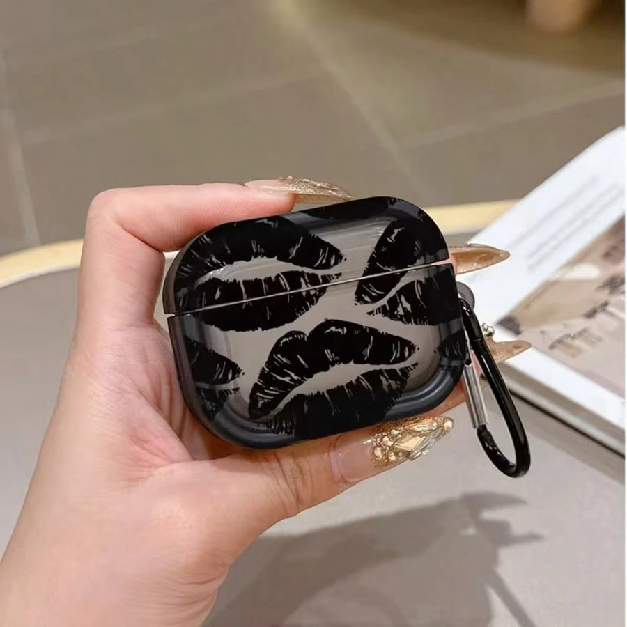 Black Lip Pattern Lips Sexy Black Lip Design Protective Case Compatible With Apple, Transparent Black Earphone Protective Cover, Anti-Drop Earphone Case, Only Compatible With Apple Bluetooth Earphone