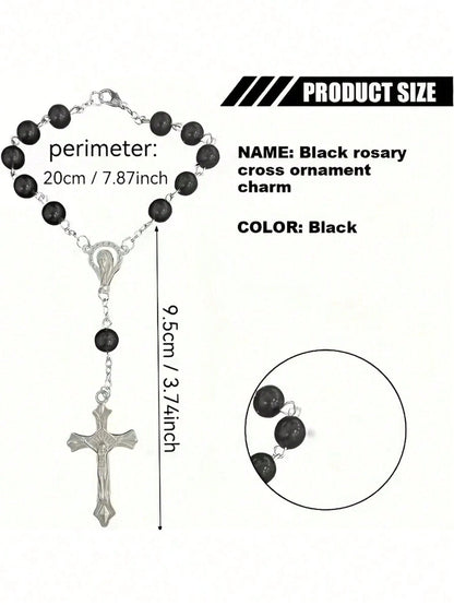 Black Rose Rosary Rearview Mirror Hanging Decor- Elegant Cross Pendant Ornament (Suitable For Rearview Mirror Or Steering Wheel)- Prayer Travel Pendant Suitable For Men And Women- Perfect Gift For