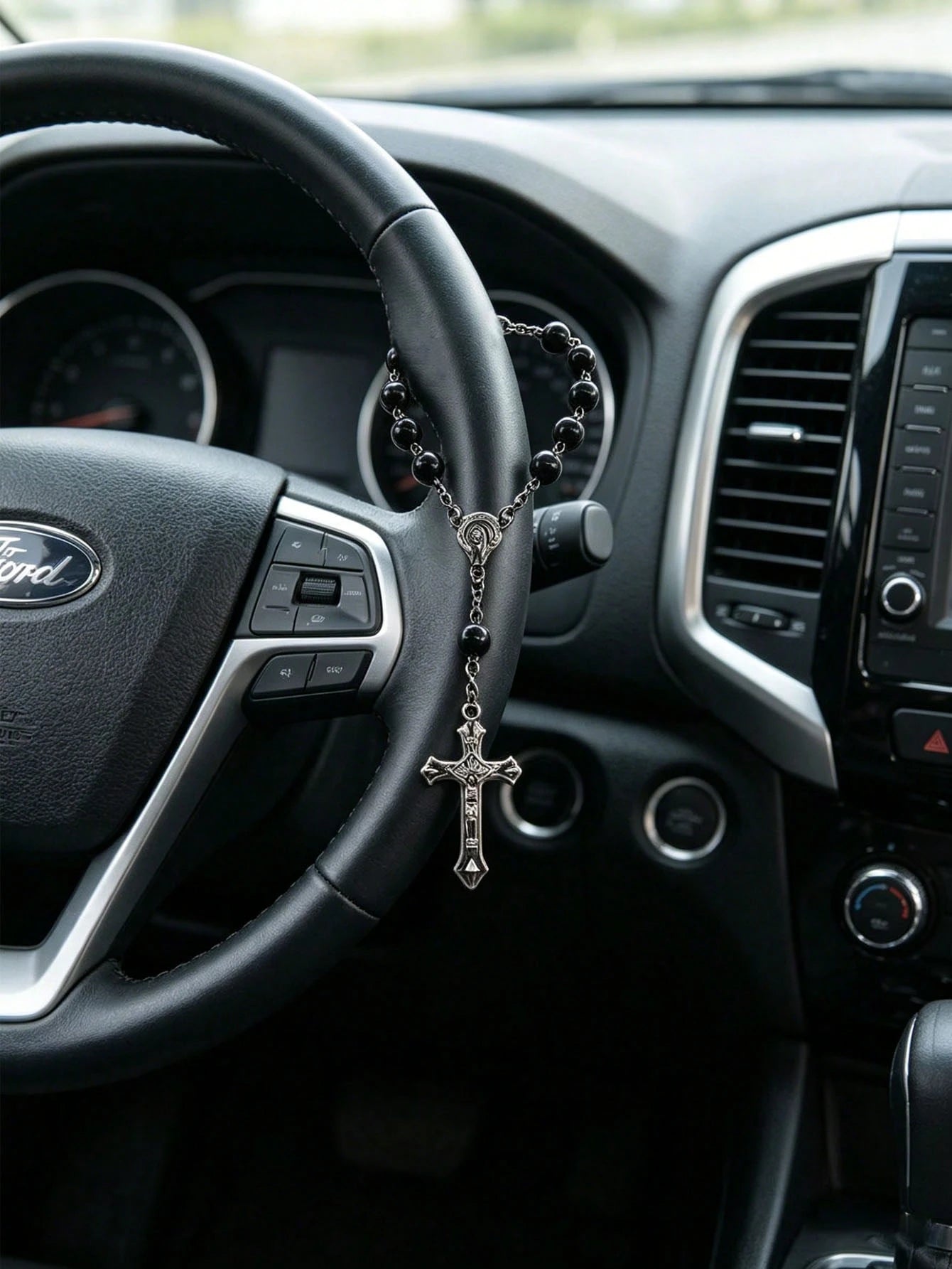 Black Rose Rosary Rearview Mirror Hanging Decor- Elegant Cross Pendant Ornament (Suitable For Rearview Mirror Or Steering Wheel)- Prayer Travel Pendant Suitable For Men And Women- Perfect Gift For