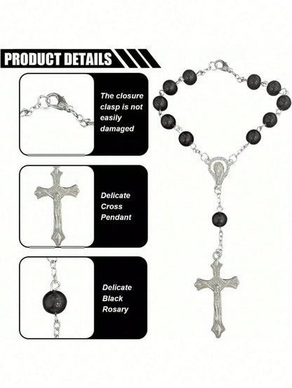 Black Rose Rosary Rearview Mirror Hanging Decor- Elegant Cross Pendant Ornament (Suitable For Rearview Mirror Or Steering Wheel)- Prayer Travel Pendant Suitable For Men And Women- Perfect Gift For