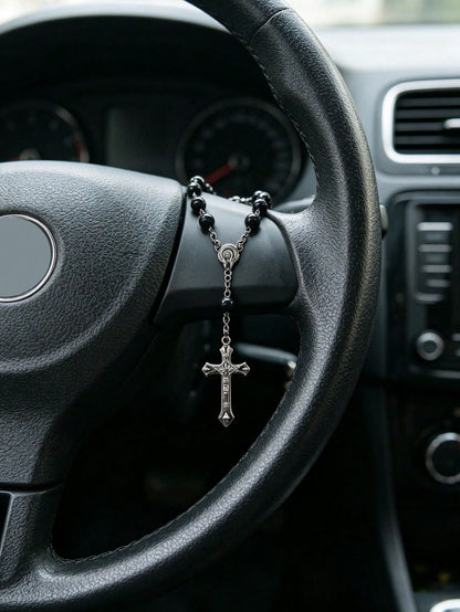 Black Rose Rosary Rearview Mirror Hanging Decor- Elegant Cross Pendant Ornament (Suitable For Rearview Mirror Or Steering Wheel)- Prayer Travel Pendant Suitable For Men And Women- Perfect Gift For