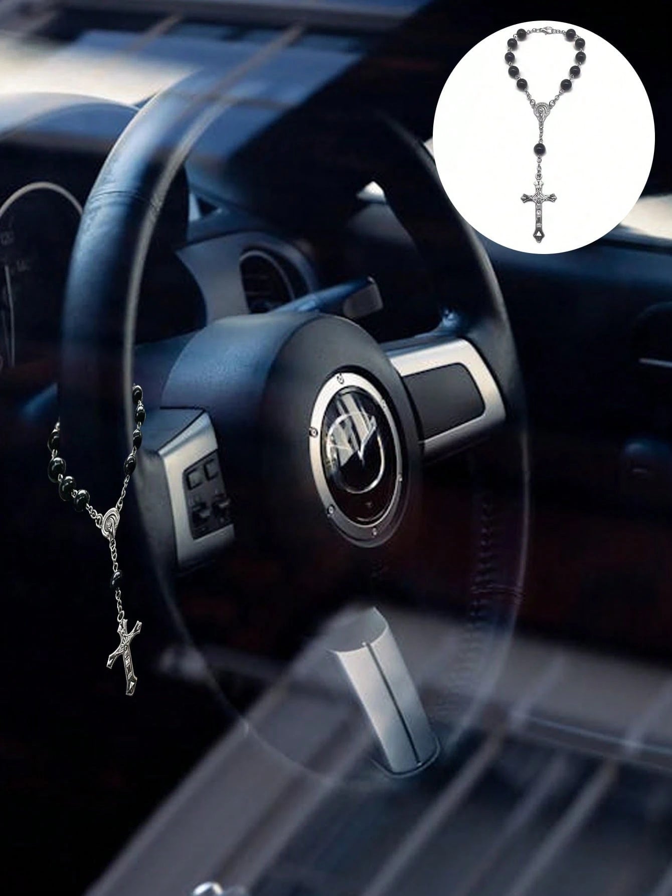 Black Rose Rosary Rearview Mirror Hanging Decor- Elegant Cross Pendant Ornament (Suitable For Rearview Mirror Or Steering Wheel)- Prayer Travel Pendant Suitable For Men And Women- Perfect Gift For