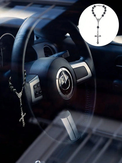 Black Rose Rosary Rearview Mirror Hanging Decor- Elegant Cross Pendant Ornament (Suitable For Rearview Mirror Or Steering Wheel)- Prayer Travel Pendant Suitable For Men And Women- Perfect Gift For