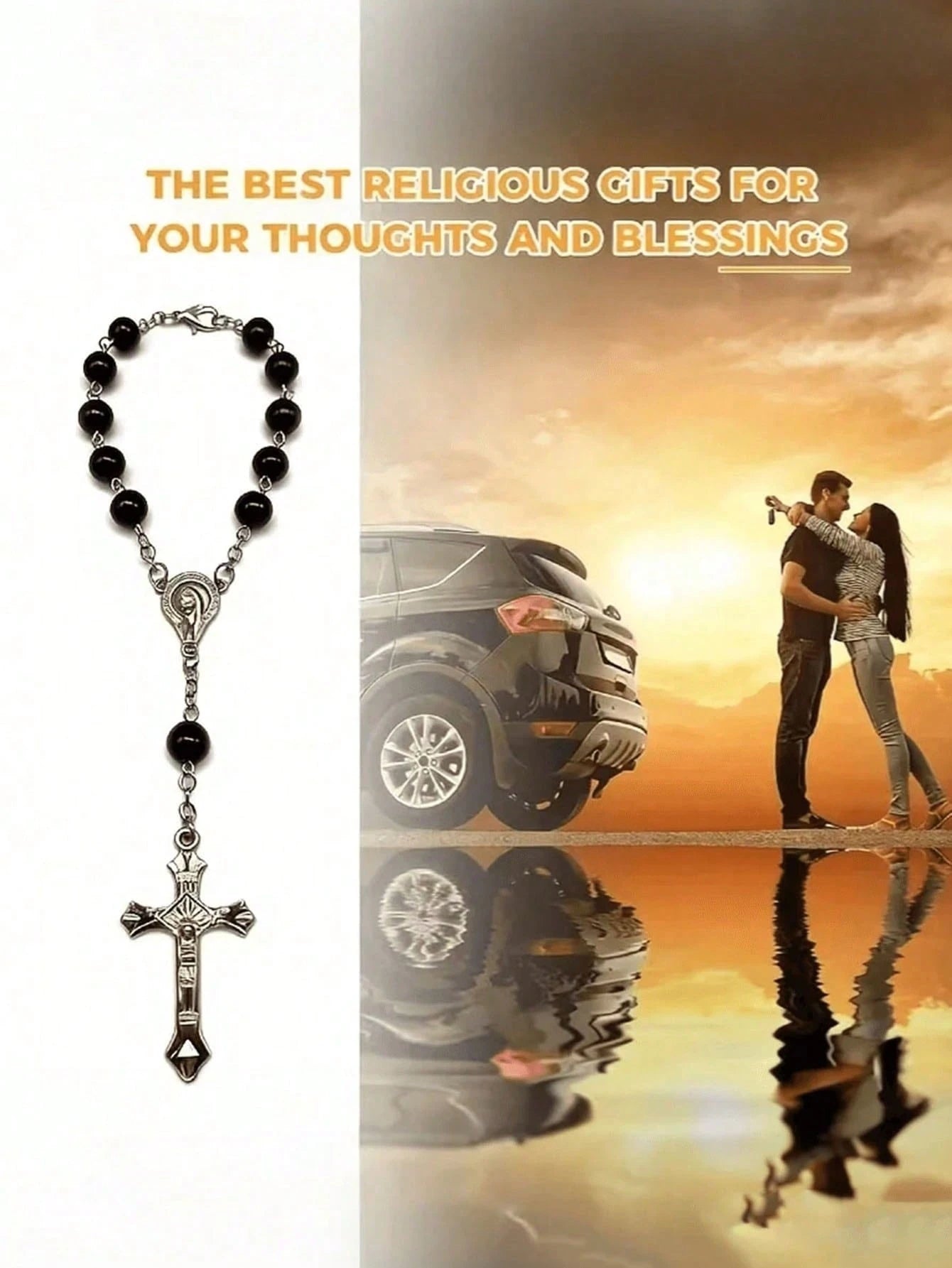 Black Rose Rosary Rearview Mirror Hanging Decor- Elegant Cross Pendant Ornament (Suitable For Rearview Mirror Or Steering Wheel)- Prayer Travel Pendant Suitable For Men And Women- Perfect Gift For