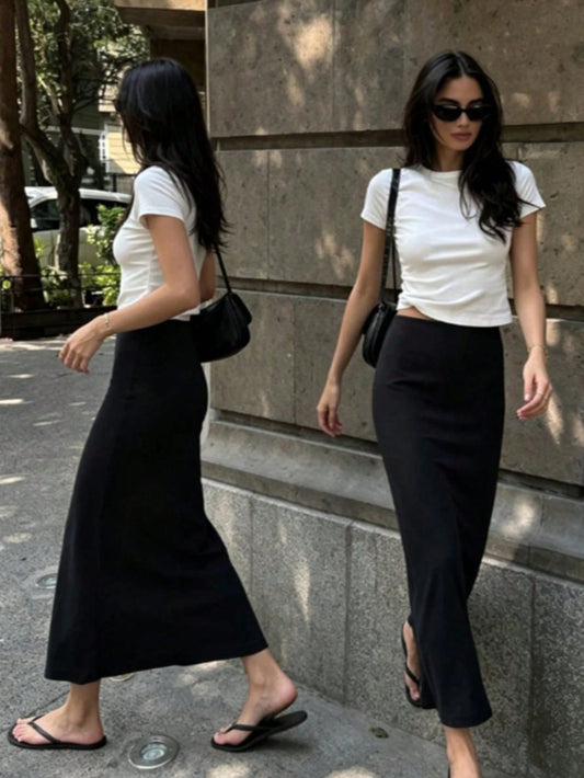 Black Slim Fit Long Straight Skirt, Women's Fashion Polyester Casual Party Skirt, Versatile And Cute, Suitable For Daily Wear, Summer Vacation. Perfect For Beach, Music Festival And Summer Holiday, 90