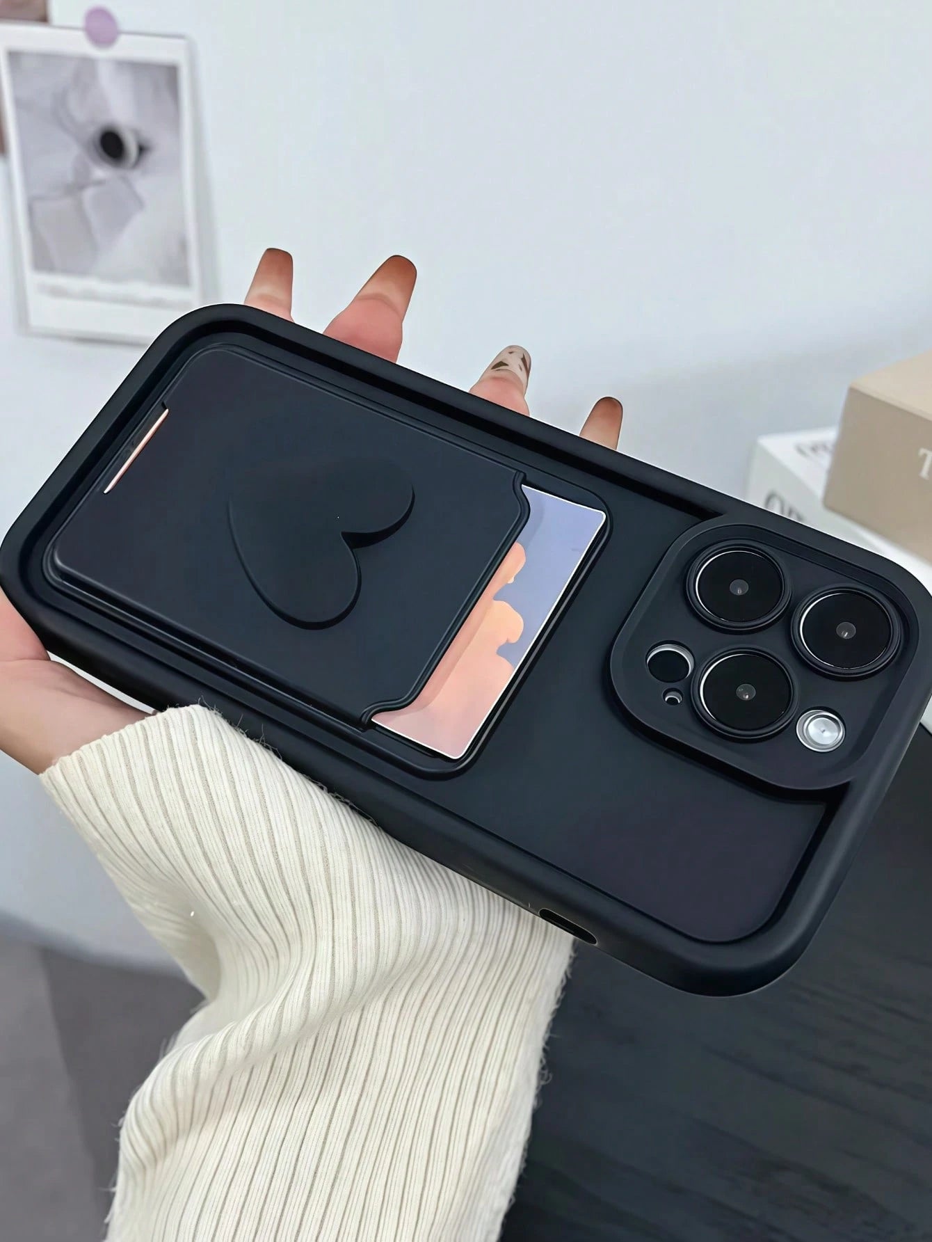 Black Stepped Eye Contrast Border Phone Case, DIY Black Small Heart, Card Holder Phone Case, Shockproof Soft TPU Protective Cover, With Raised Camera Lens Frame, Compatible With Apple 11, 12, 13, 14
