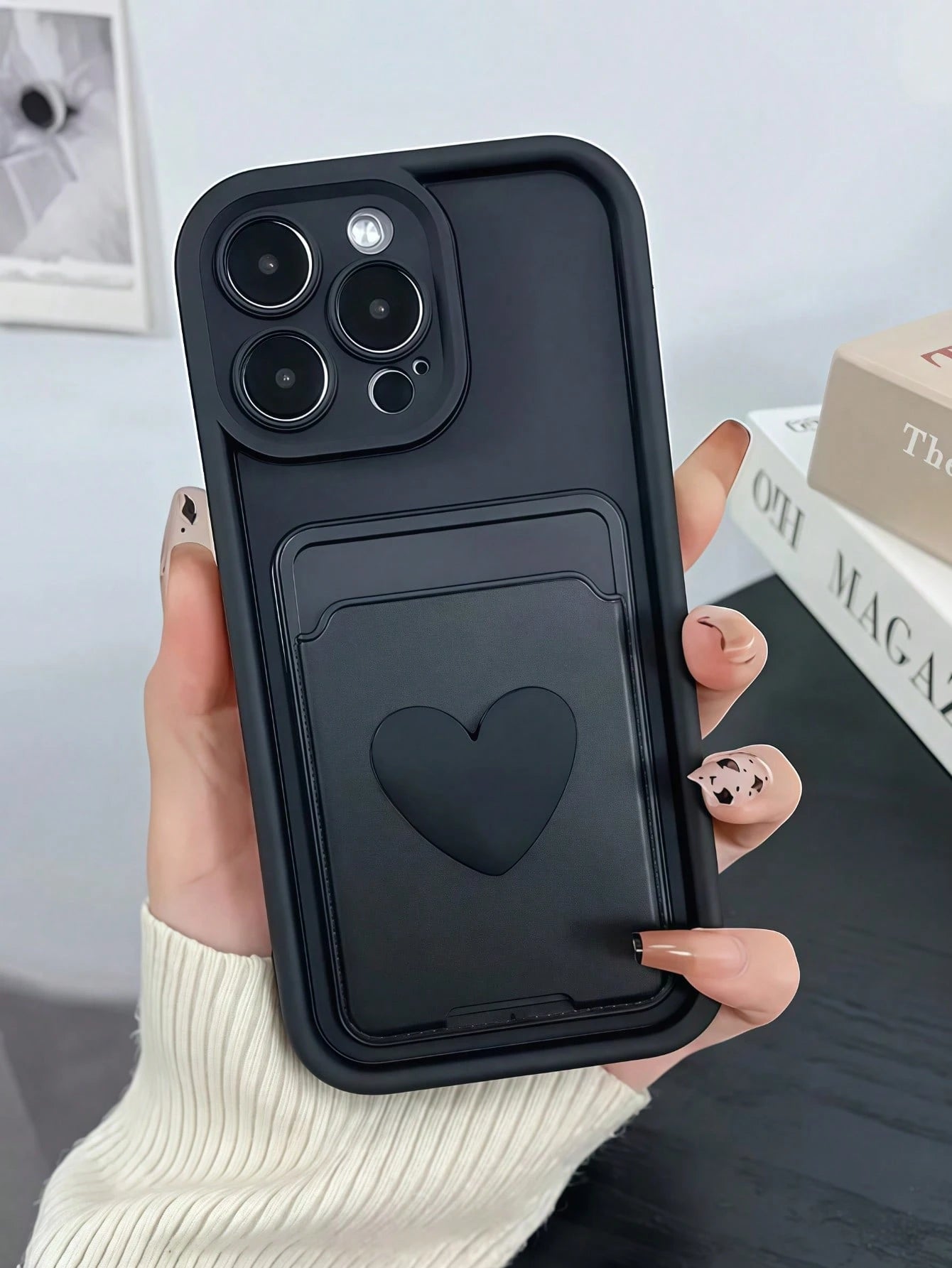 Black Stepped Eye Contrast Border Phone Case, DIY Black Small Heart, Card Holder Phone Case, Shockproof Soft TPU Protective Cover, With Raised Camera Lens Frame, Compatible With Apple 11, 12, 13, 14