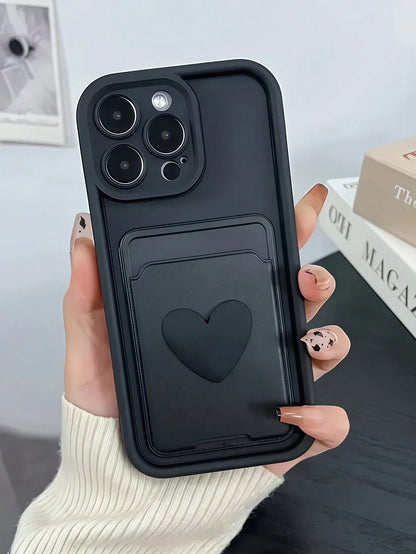 Black Stepped Eye Contrast Border Phone Case, DIY Black Small Heart, Card Holder Phone Case, Shockproof Soft TPU Protective Cover, With Raised Camera Lens Frame, Compatible With Apple 11, 12, 13, 14