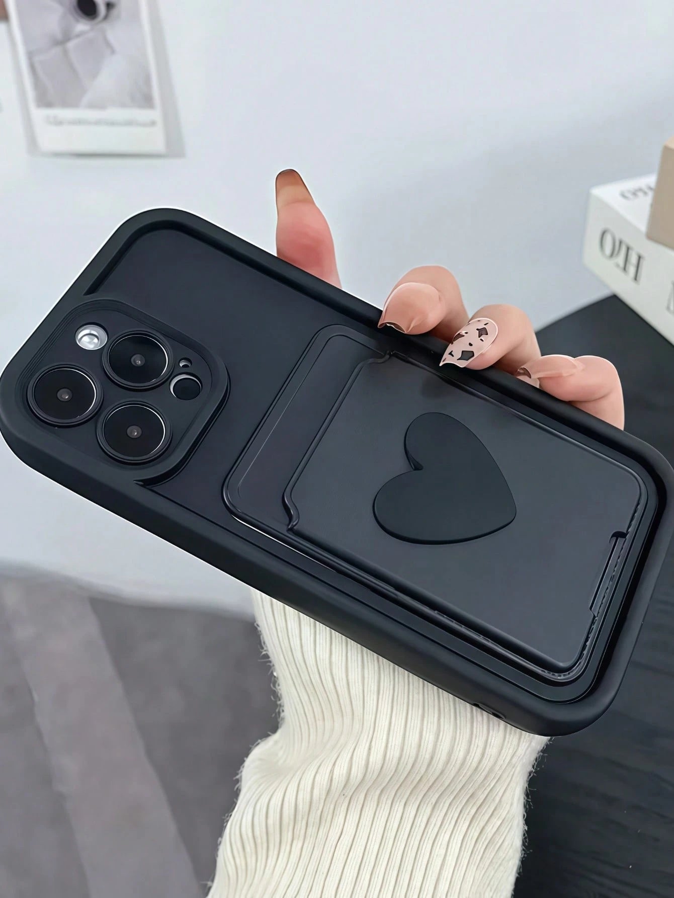 Black Stepped Eye Contrast Border Phone Case, DIY Black Small Heart, Card Holder Phone Case, Shockproof Soft TPU Protective Cover, With Raised Camera Lens Frame, Compatible With Apple 11, 12, 13, 14