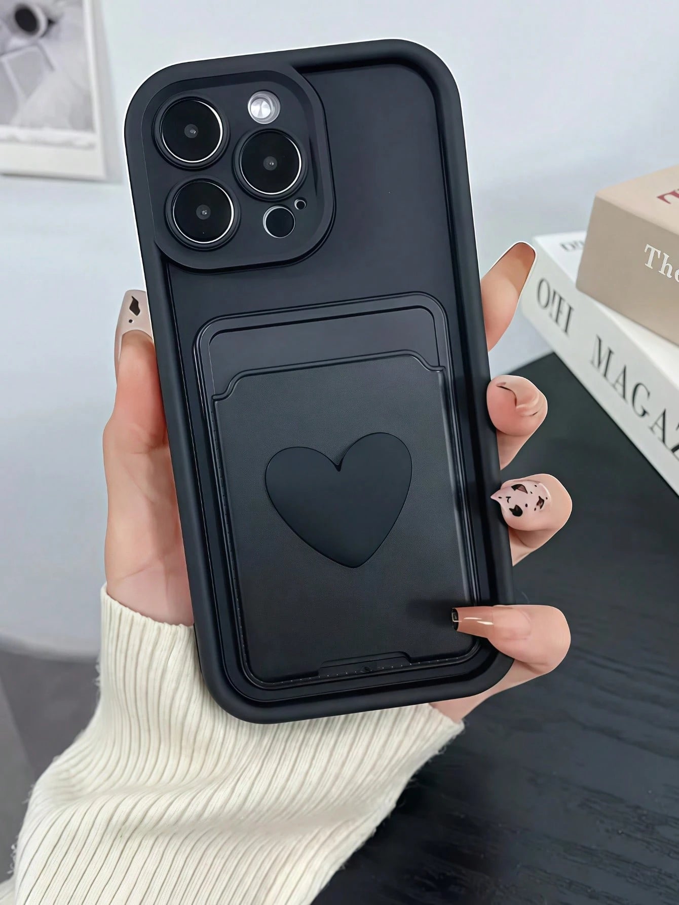 Black Stepped Eye Contrast Border Phone Case, DIY Black Small Heart, Card Holder Phone Case, Shockproof Soft TPU Protective Cover, With Raised Camera Lens Frame, Compatible With Apple 11, 12, 13, 14