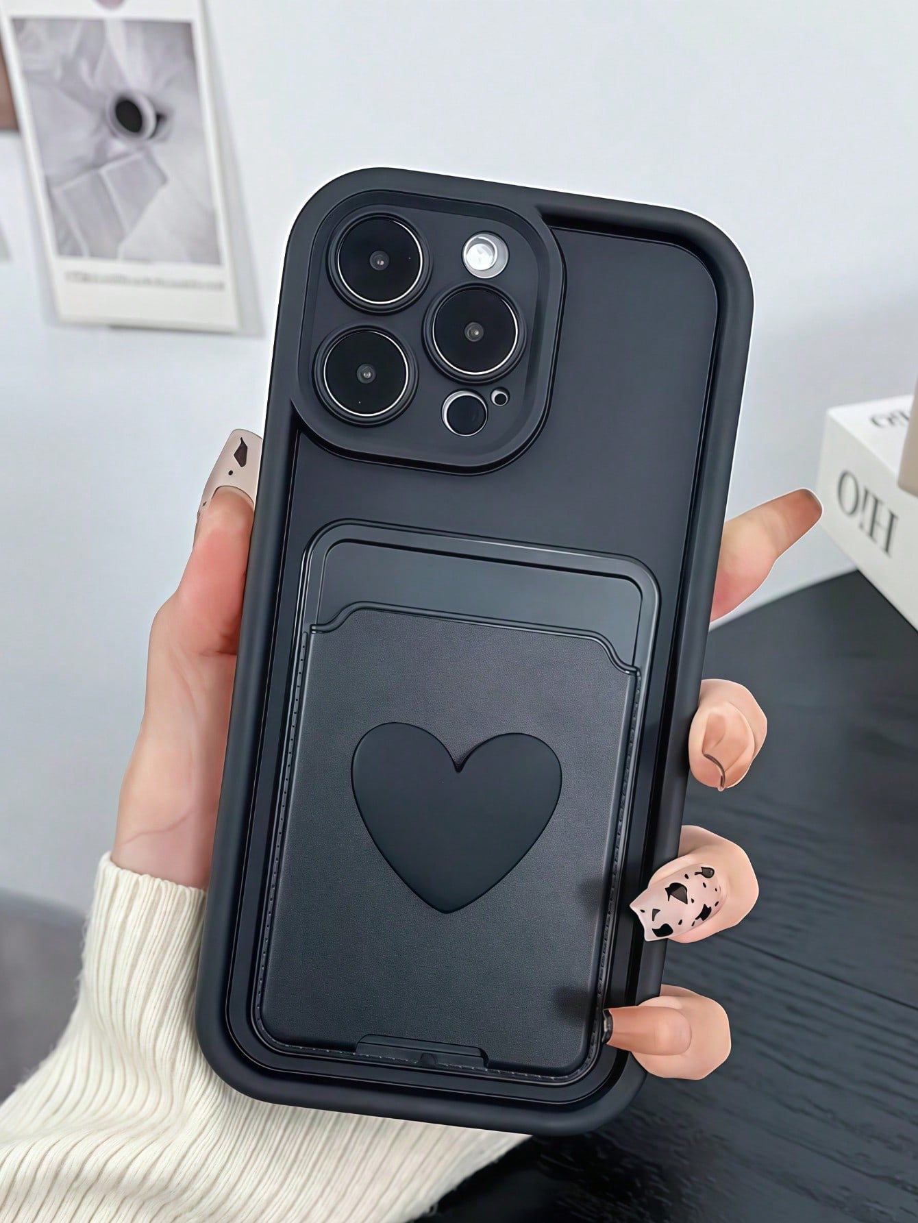 Black Stepped Eye Contrast Border Phone Case, DIY Black Small Heart, Card Holder Phone Case, Shockproof Soft TPU Protective Cover, With Raised Camera Lens Frame, Compatible With Apple 11, 12, 13, 14