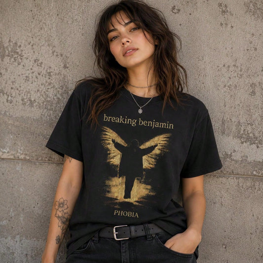 BlackShirtSociety-Vintage Breaking Benjamin Phobia T-Shirt _ Distressed Gold Rock Concert Apparel